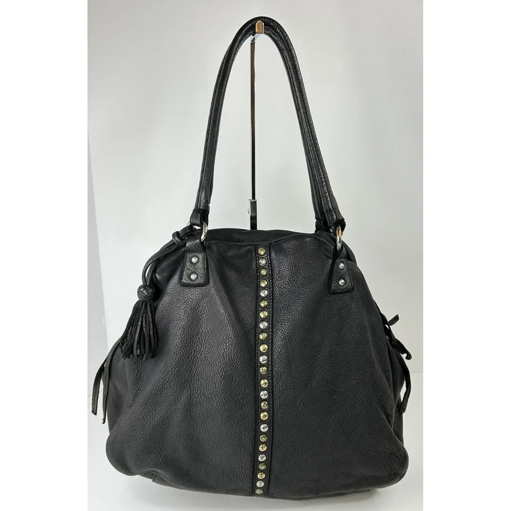 Designer Inspired‎ Large Soft Pebble Leather Satchel Black Double Handle Studded